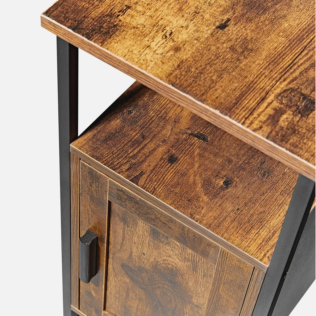 Rustic Brown Wooden End Table with Shelf and Storage Cabinet O153