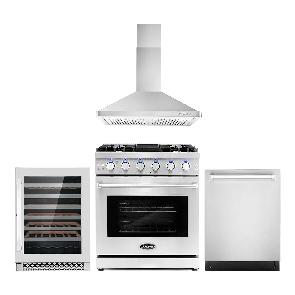 30 Gas Range, Wall Mount Range Hood, Dishwasher and Wine Cooler V62123