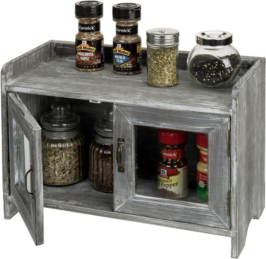 Rustic Gray Whitewashed Wood Counter Top Storage Cabinet with Glass Windows T94466