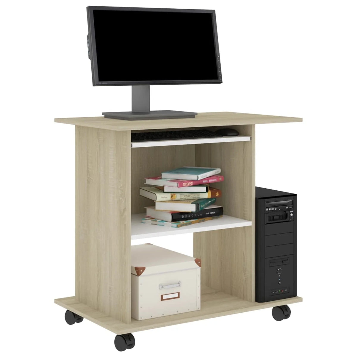 White and Sonoma Oak Computer Desk with Keyboard Tray B6755