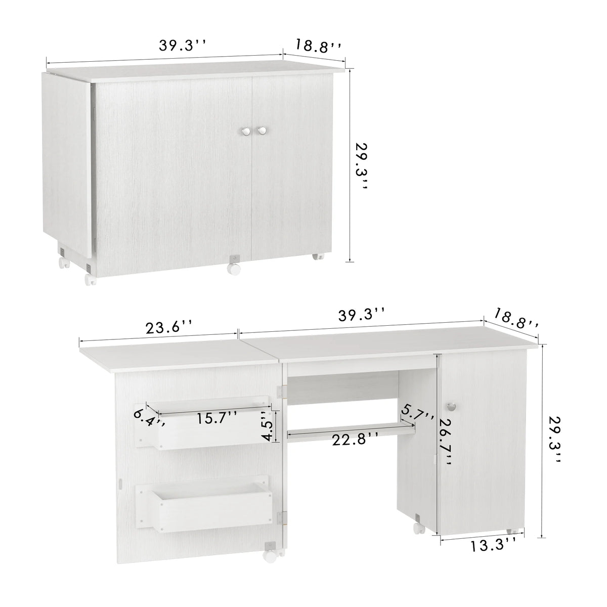 White 63 Inch Folding Sewing Machine Table with Storage Shelves I8977