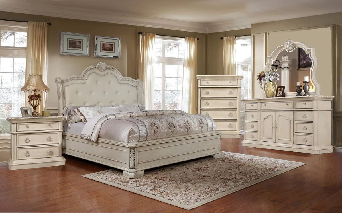 Antique White Tufted King Size Bedroom Set 6Pcs I2726