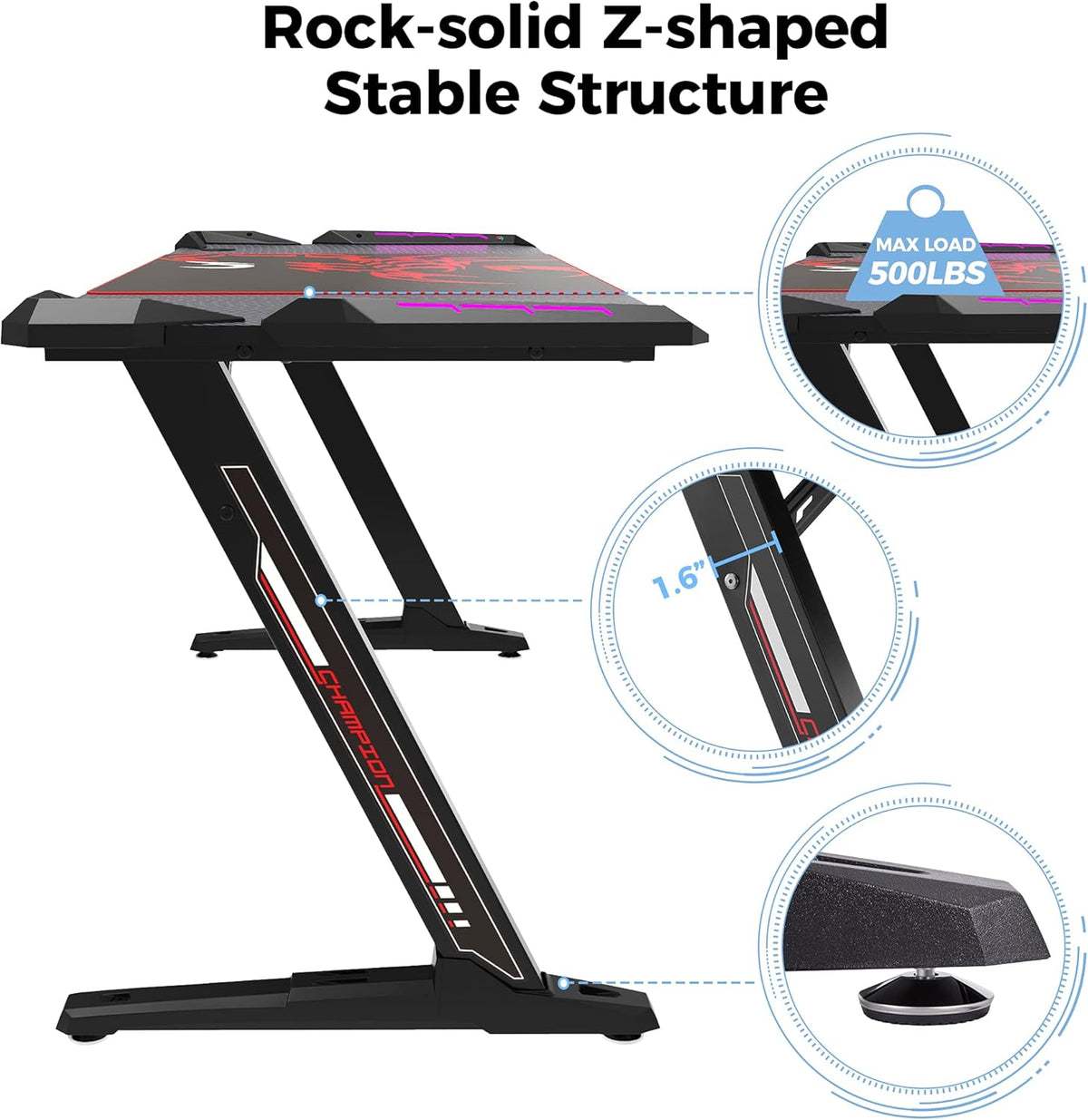 60 inch Z Shaped Gaming Desk with RGB LED Lights I62968