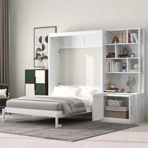White Full Size Wood Murphy Bed with Storage Shelves and Cabinet Z180514