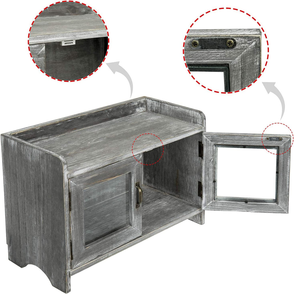 Rustic Gray Whitewashed Wood Counter Top Storage Cabinet with Glass Windows T94466