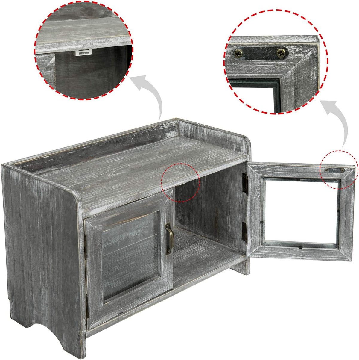 Rustic Gray Whitewashed Wood Counter Top Storage Cabinet with Glass Windows T94466