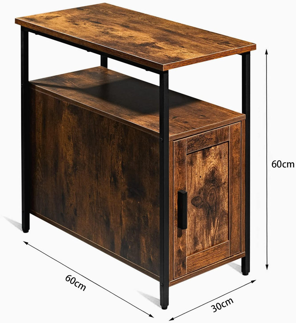Rustic Brown Wooden End Table with Shelf and Storage Cabinet O153