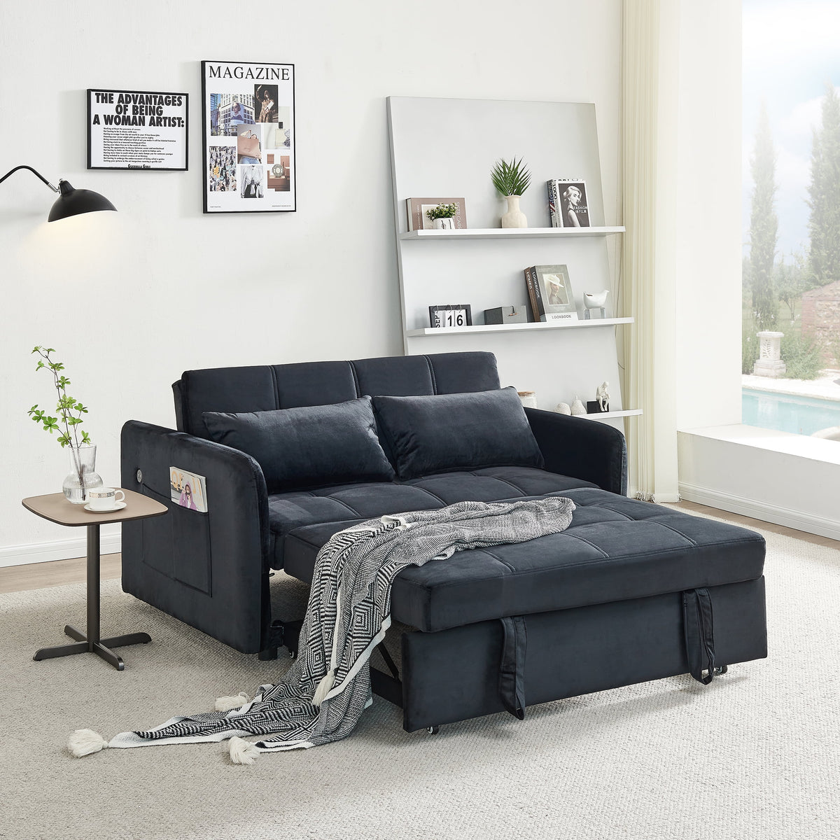 Black Pull Out Sleeper Sofa Bed with USB Ports and Side Pockets C878284