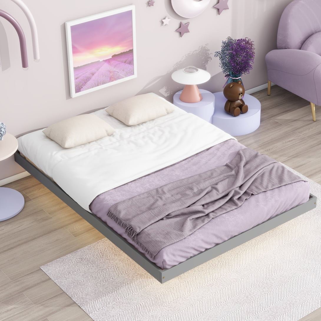 Full Size Grey Pinewood Floating Platform Bed with LED Lights B271303