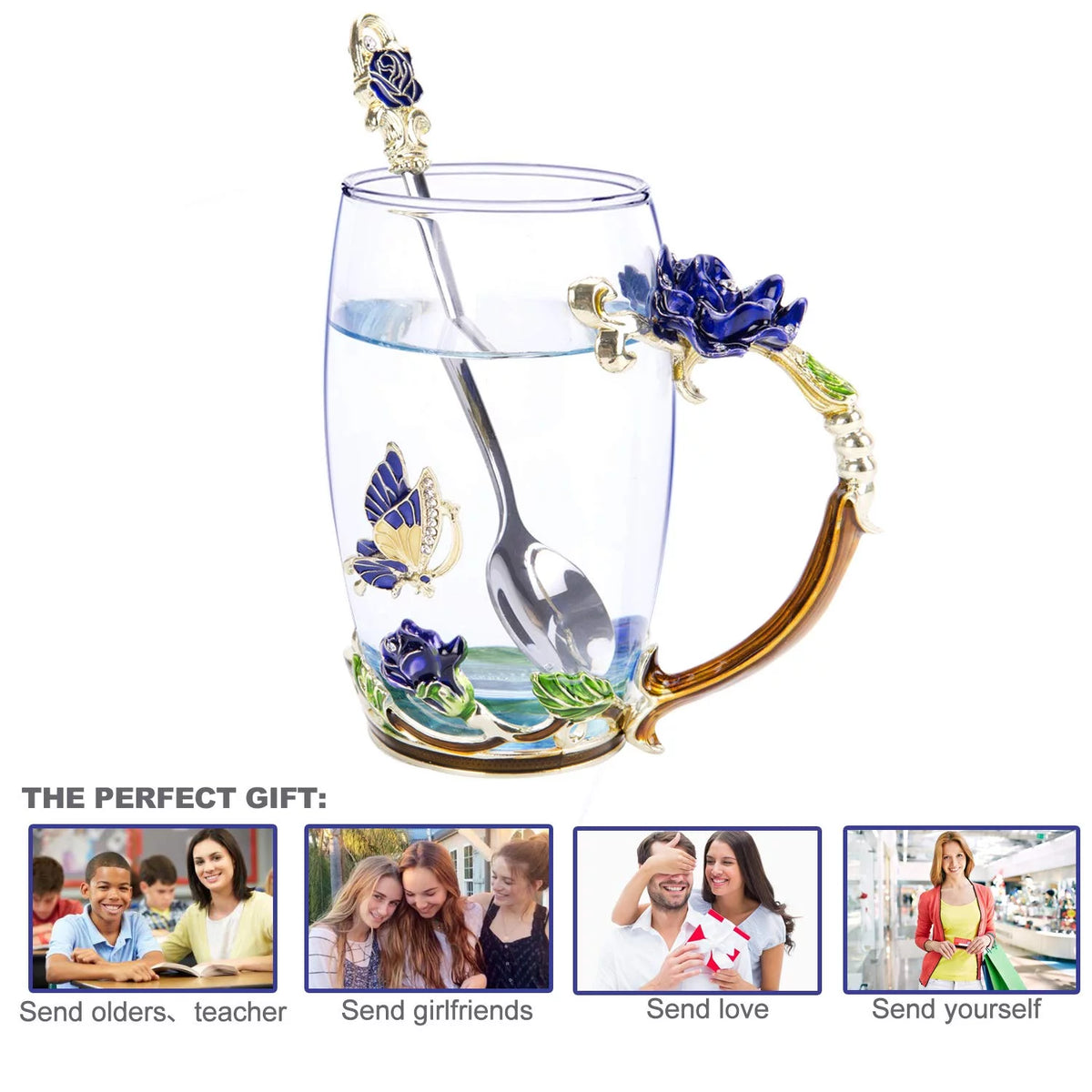 Blue Glass Tea Cup with Lid Coaster Spoon 18oz B50506