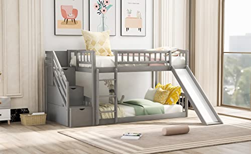 Twin Size Wood Loft Bed with Slide and Storage Shelves Q270053