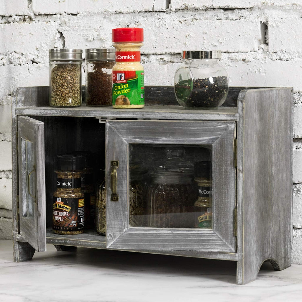 Rustic Gray Whitewashed Wood Counter Top Storage Cabinet with Glass Windows T94466