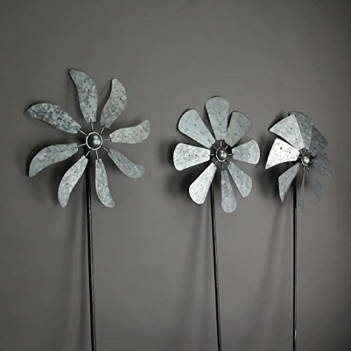 Set of 3 Galvanized Grey Wind Spinner Garden Stakes, 41 Inches High H62852