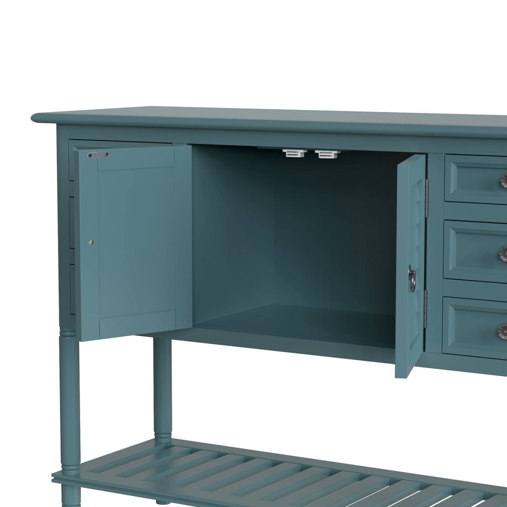 Green Wood Console Table with 6 Drawer and 1 Cabinet and 1 Shelf S390