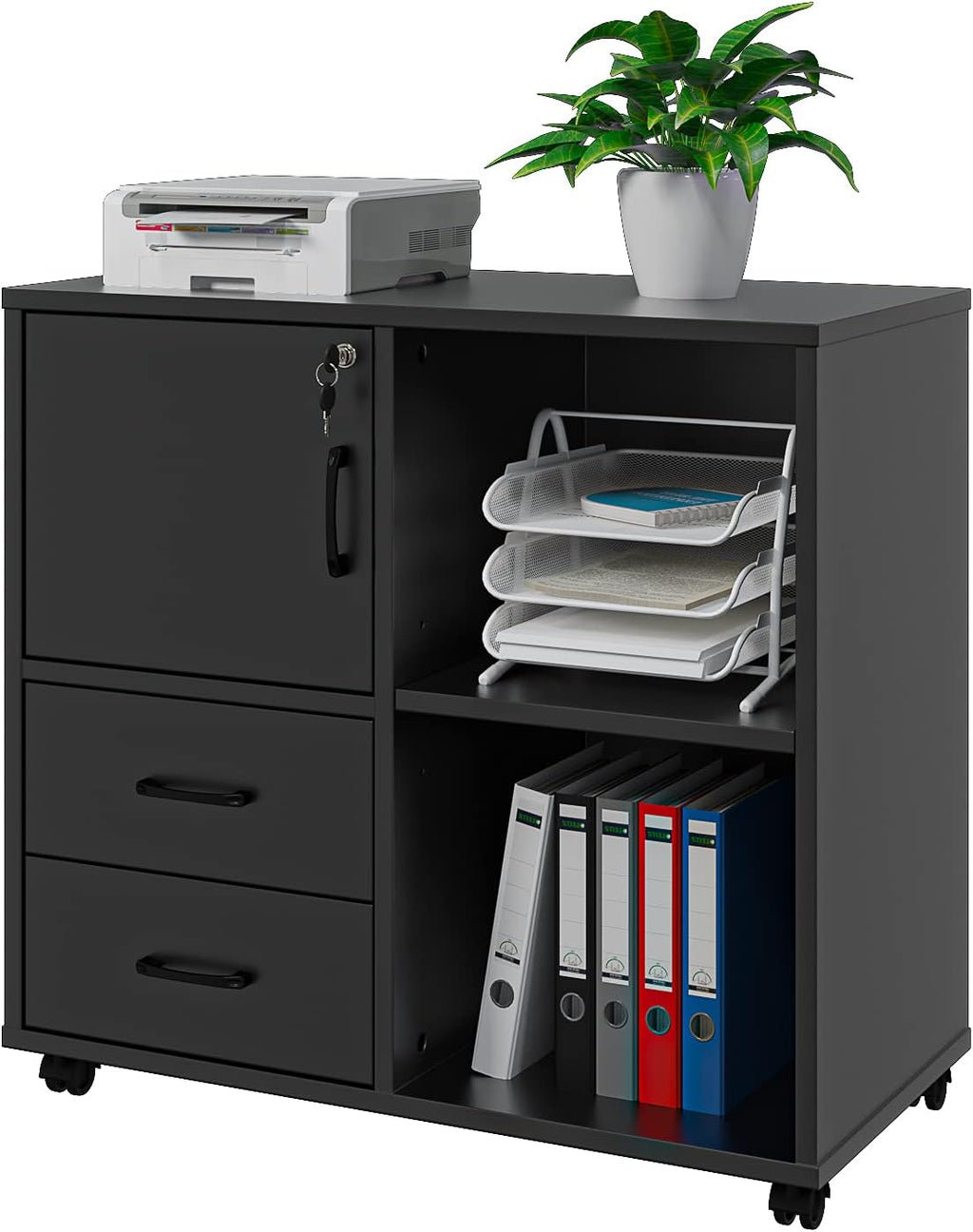 White Rolling Office Storage Cabinet with 2 Drawers and 3 Shelves G5437