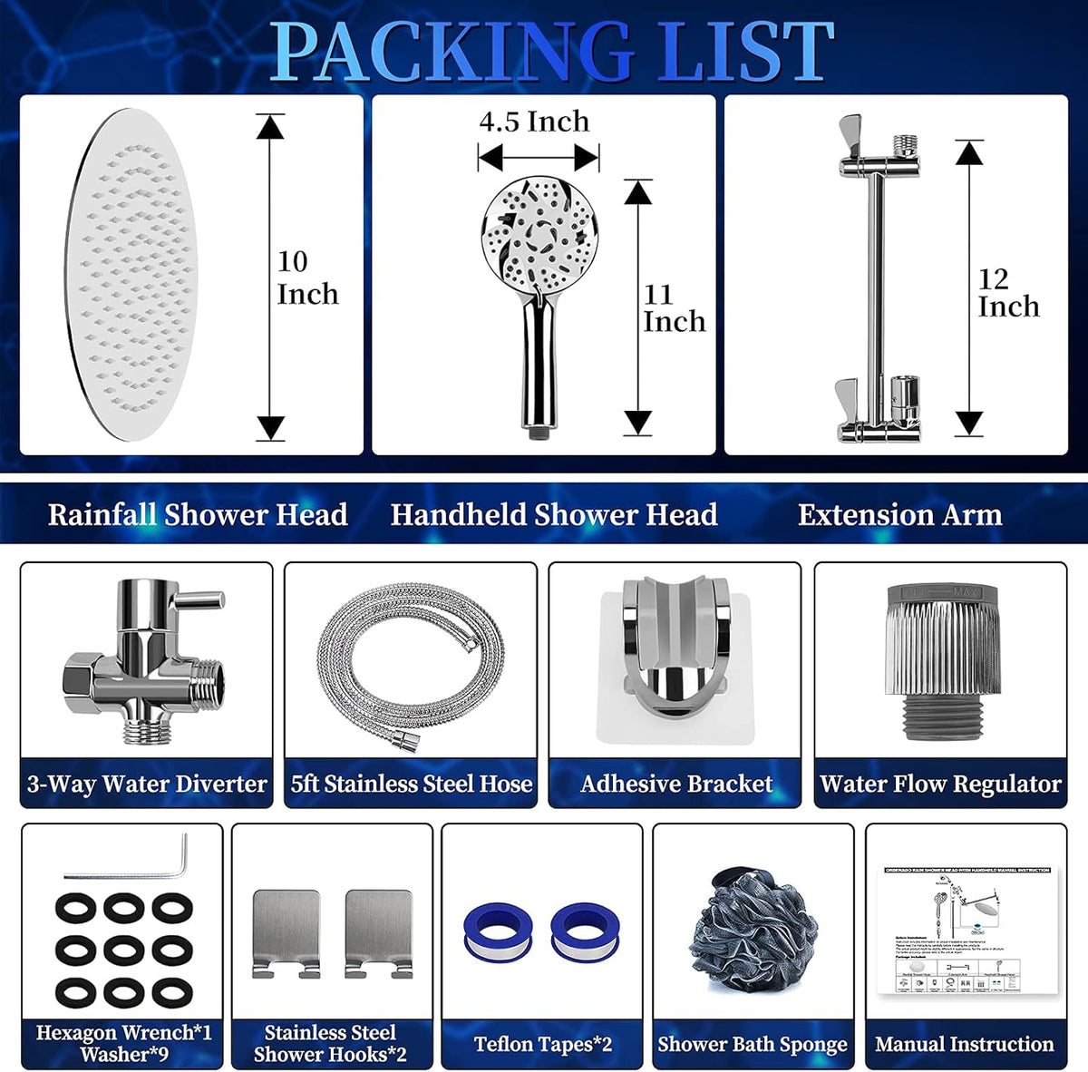 10" Rainfall Shower Head and 9-Setting High Pressure Handheld Shower Heads Combo, Dual ShowerHead with 11" Adjustable Extension Arm and 60" Stainless Hose K897339