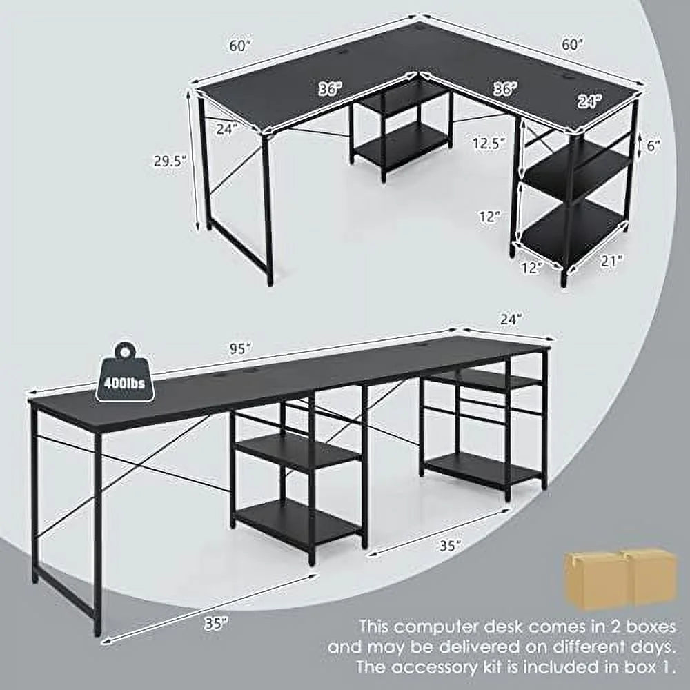 L-Shaped Convertible Computer Desk with 4-Tier Shelves W88728