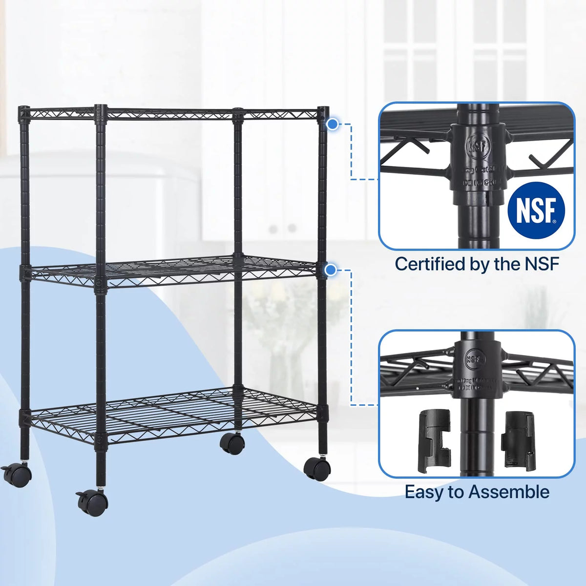 3-Tier Black Adjustable Wire Shelving Unit with Wheels H20340