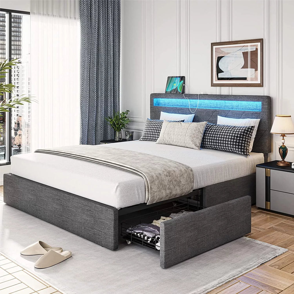 Queen Bed Frame with LED Lights Headboard, 4 Drawers, 2 USB Charging Station, Upholstered Platform Bed, Dark Gray O7775