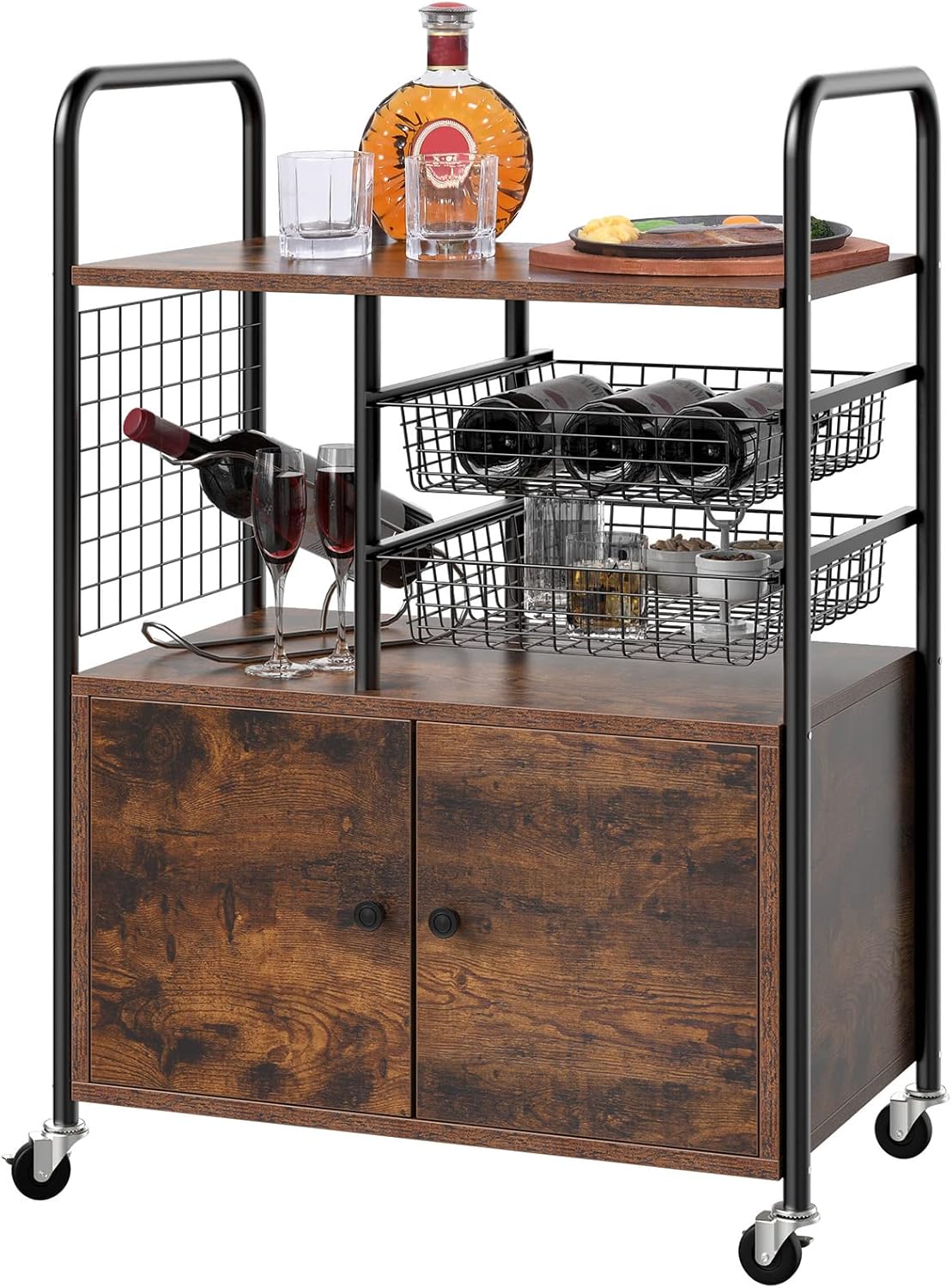 Rustic Brown Rolling Kitchen Cart with Cabinets and Open Shelf X537137