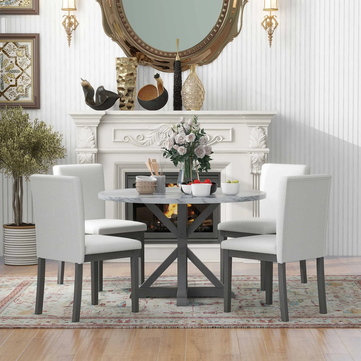 5 Piece Round Dining Table Set with Cushioned Chairs N659236