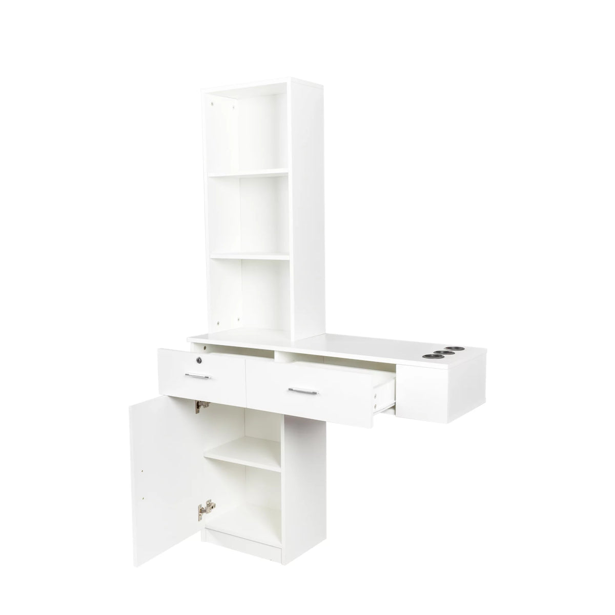 White Wall Mount Salon Station with 3 Tier Shelf and Drawers S948000
