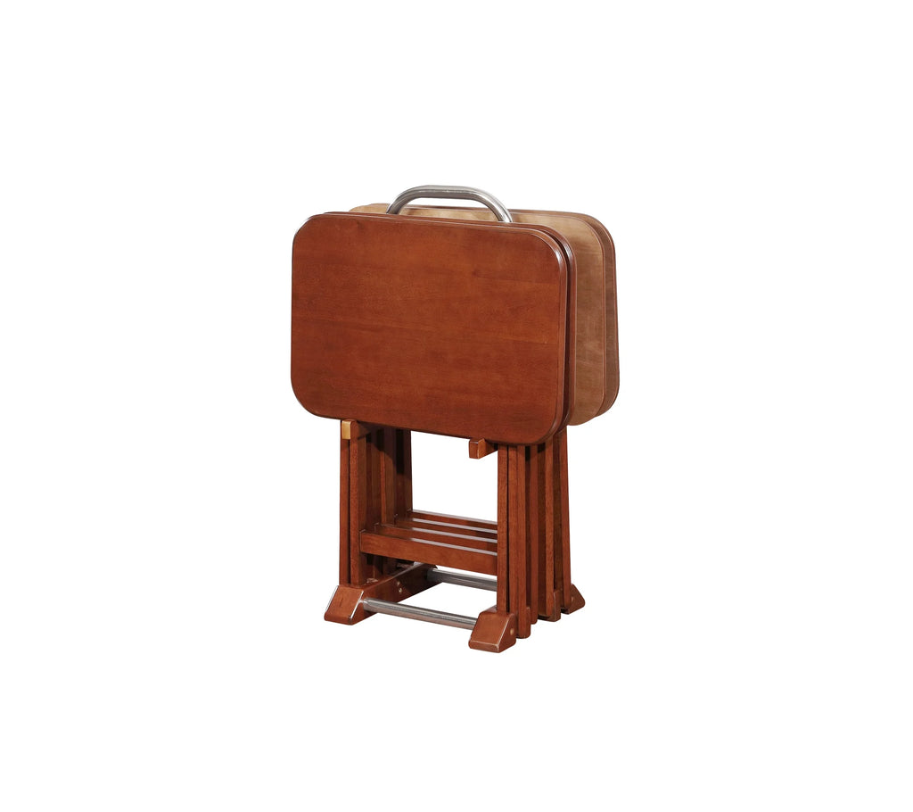 Folding Tray Table Set with Stand, 5 Pieces, Dark Cherry and White H256