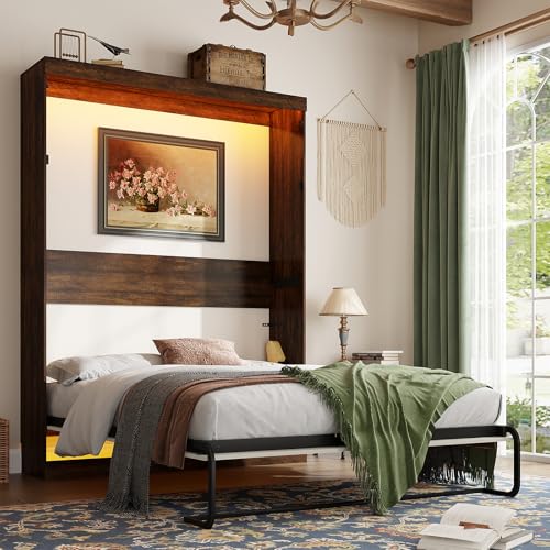 Queen Size Wood Wall Bed with LED Lights T27251