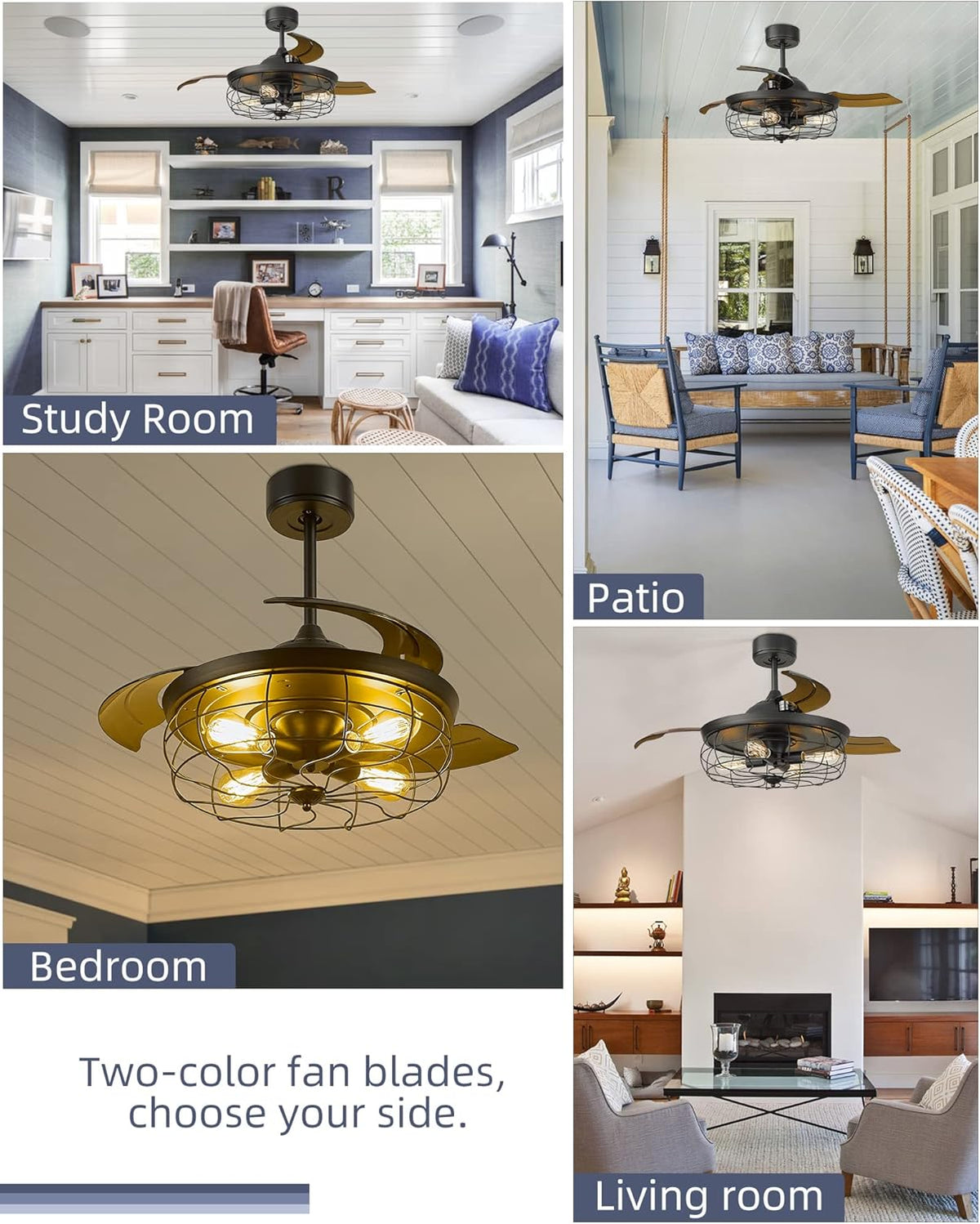 Retractable Ceiling Fan with Light and 3 Reversible Blades W256