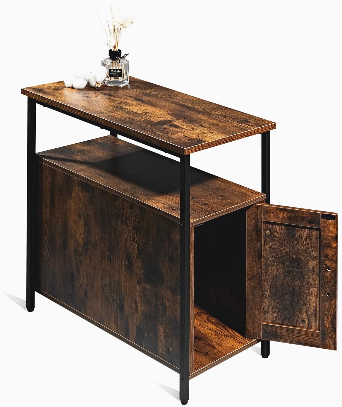 Rustic Brown Wooden End Table with Shelf and Storage Cabinet O153