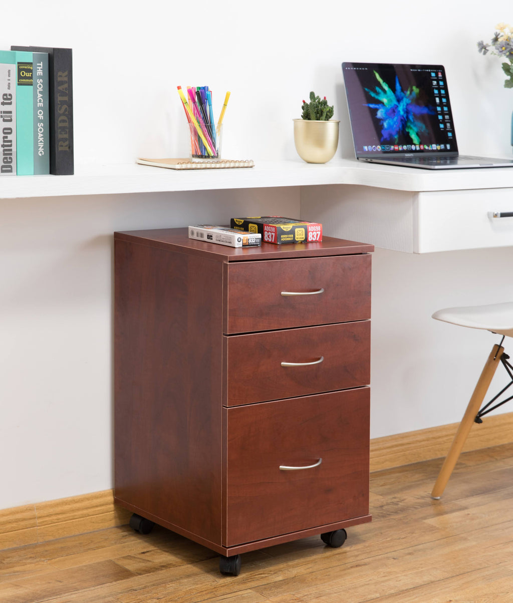 Cherry 3 Drawer File Cabinet with Rolling Casters N2805