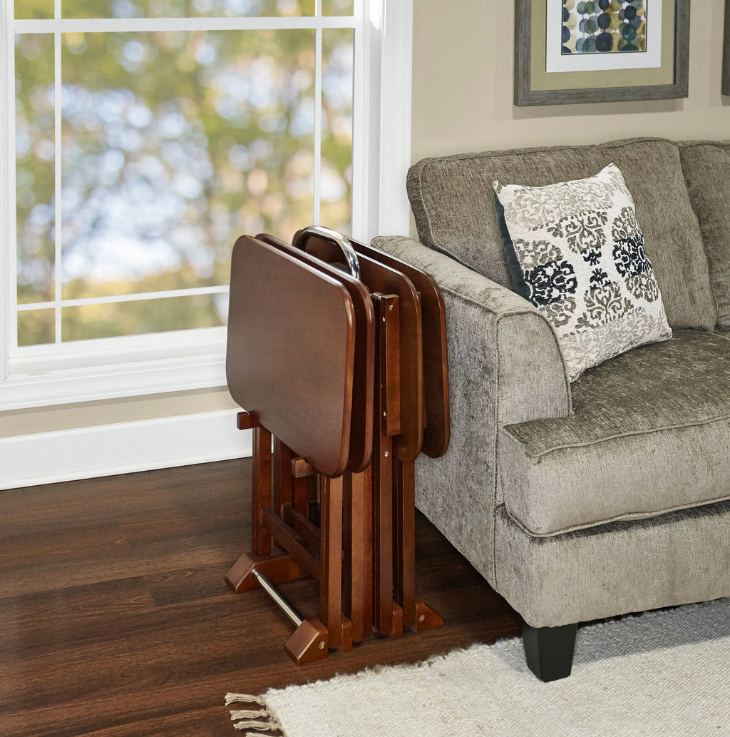 Folding Tray Table Set with Stand, 5 Pieces, Dark Cherry and White H256