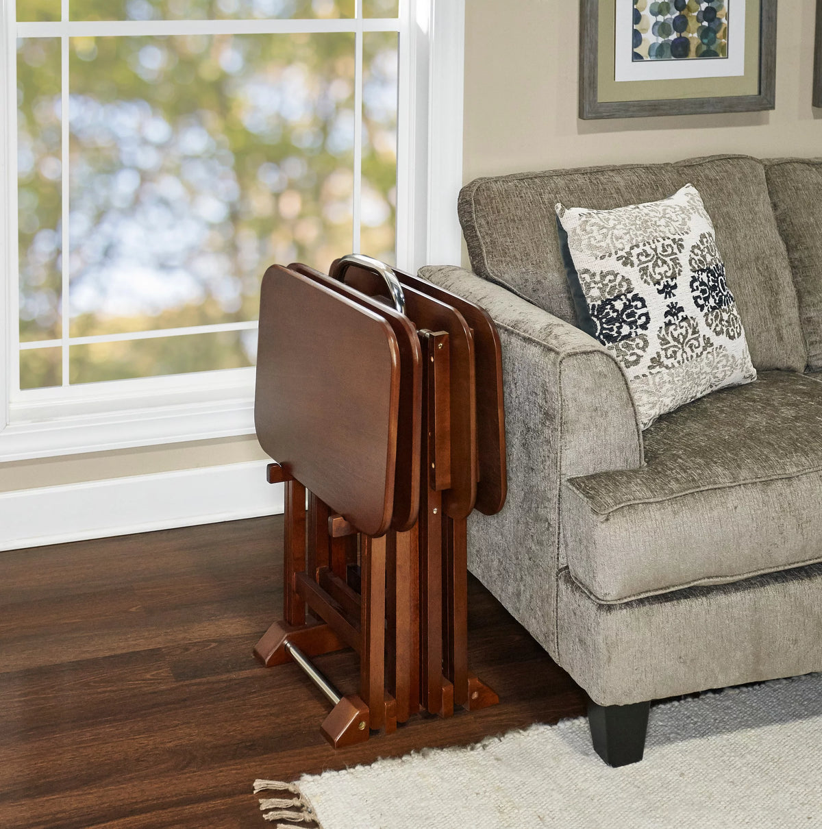 Folding Tray Table Set with Stand, 5 Pieces, Dark Cherry and White H256