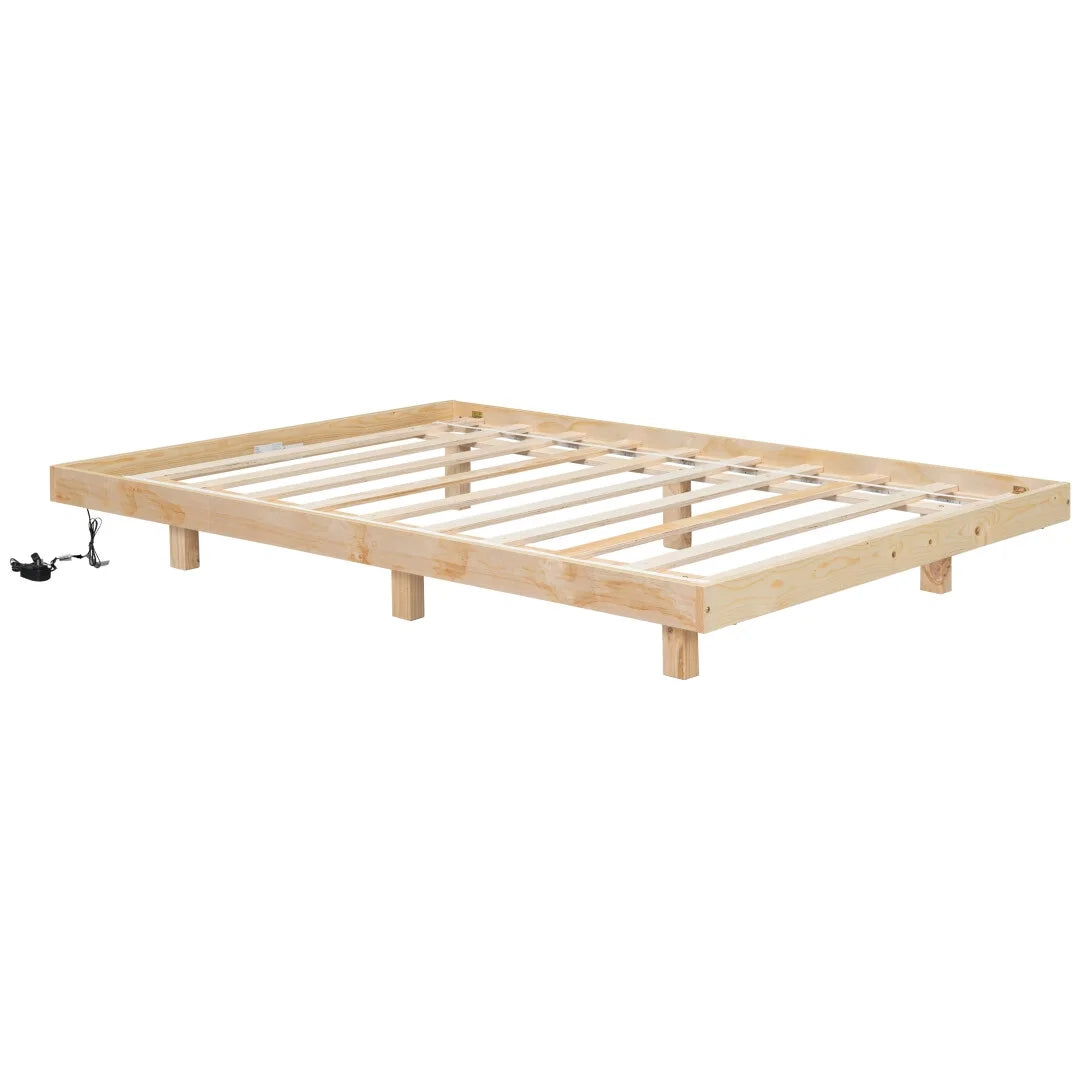 Full Size Grey Pinewood Floating Platform Bed with LED Lights B271303
