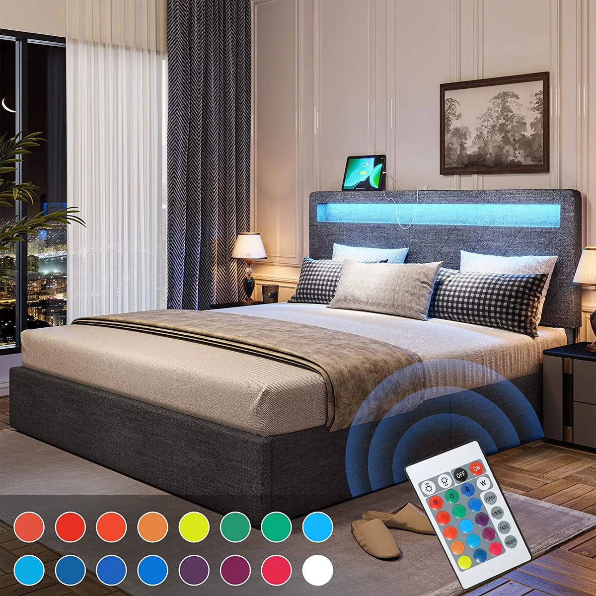 Queen Bed Frame with LED Lights Headboard, 4 Drawers, 2 USB Charging Station, Upholstered Platform Bed, Dark Gray O7775