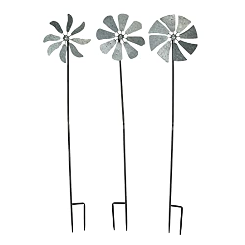 Set of 3 Galvanized Grey Wind Spinner Garden Stakes, 41 Inches High H62852