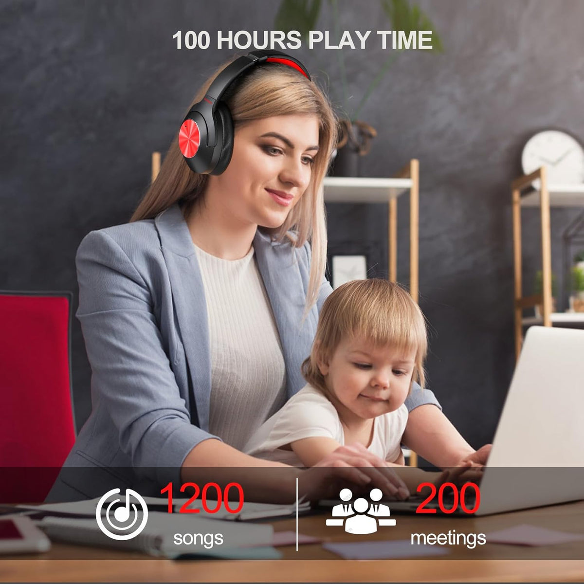Hybrid Active Noise Cancelling Over Ear Bluetooth Headphones, 100H Playtime T136724