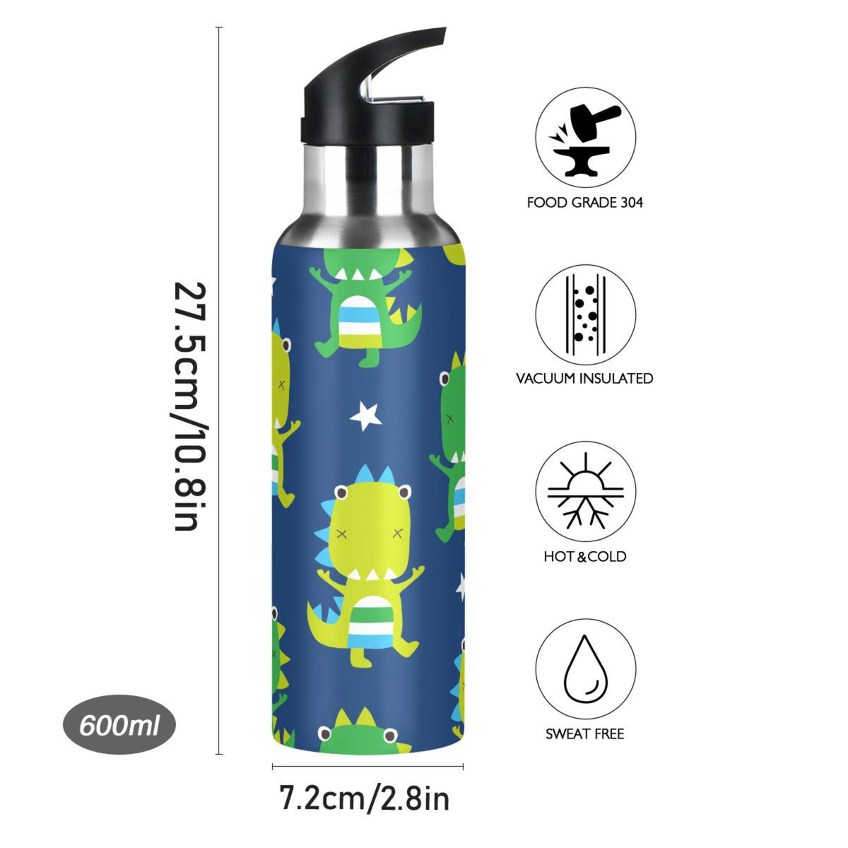 Green Dinosaur Blue Stainless Steel Insulated Water Bottle with Straw Lid V591