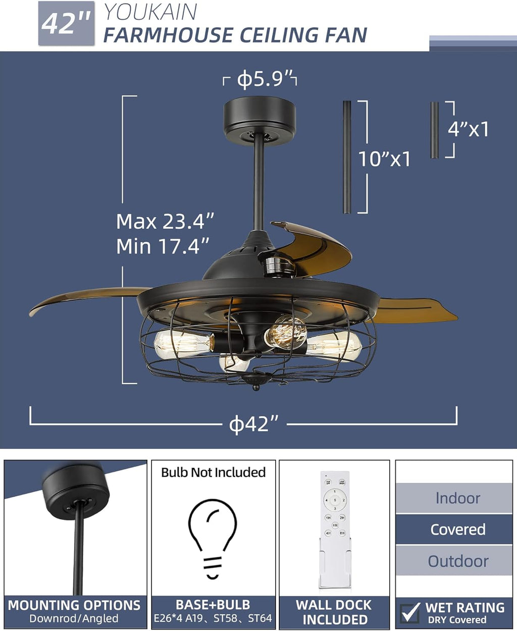 Retractable Ceiling Fan with Light and 3 Reversible Blades W256