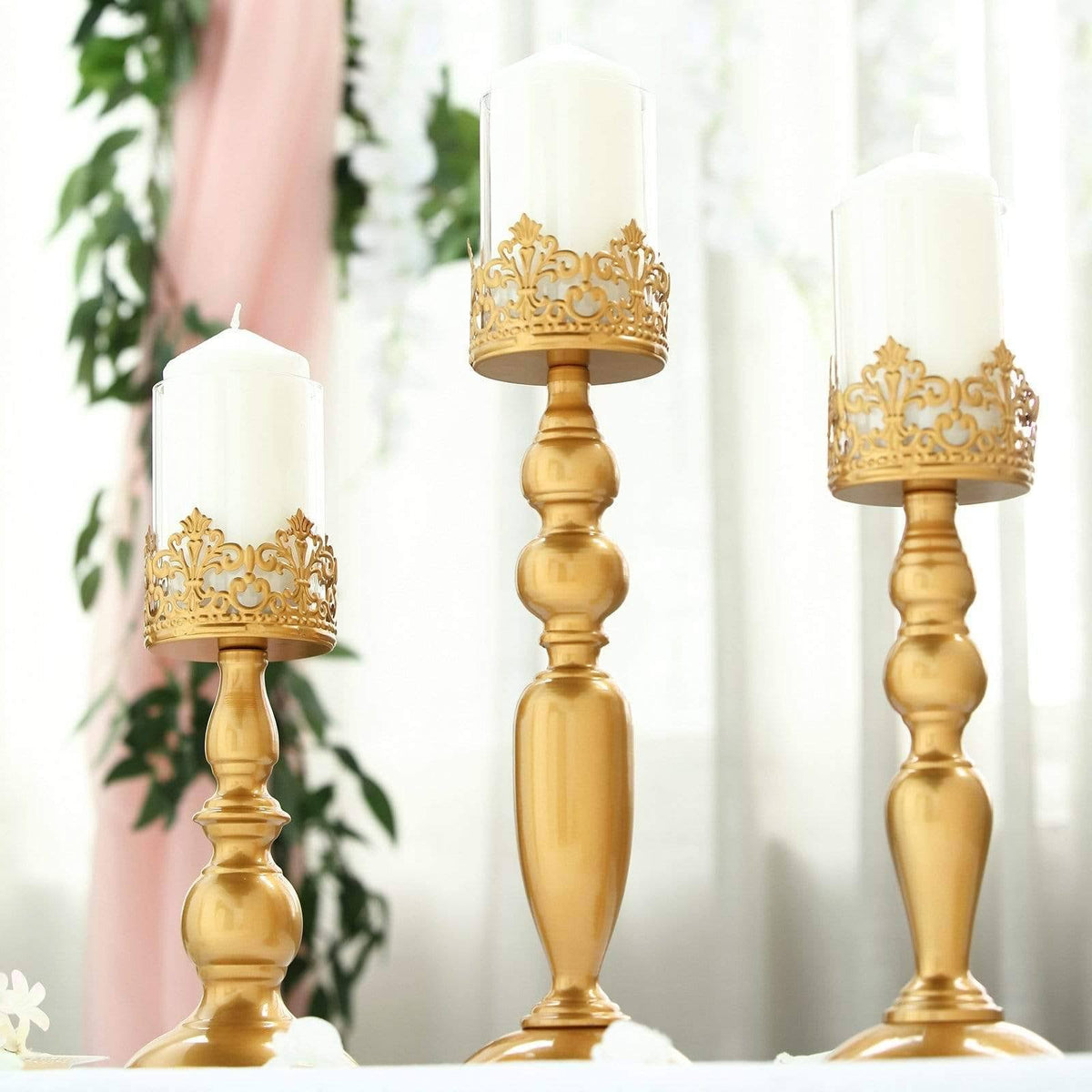 3 Gold Metal Glass Candle Holders T381