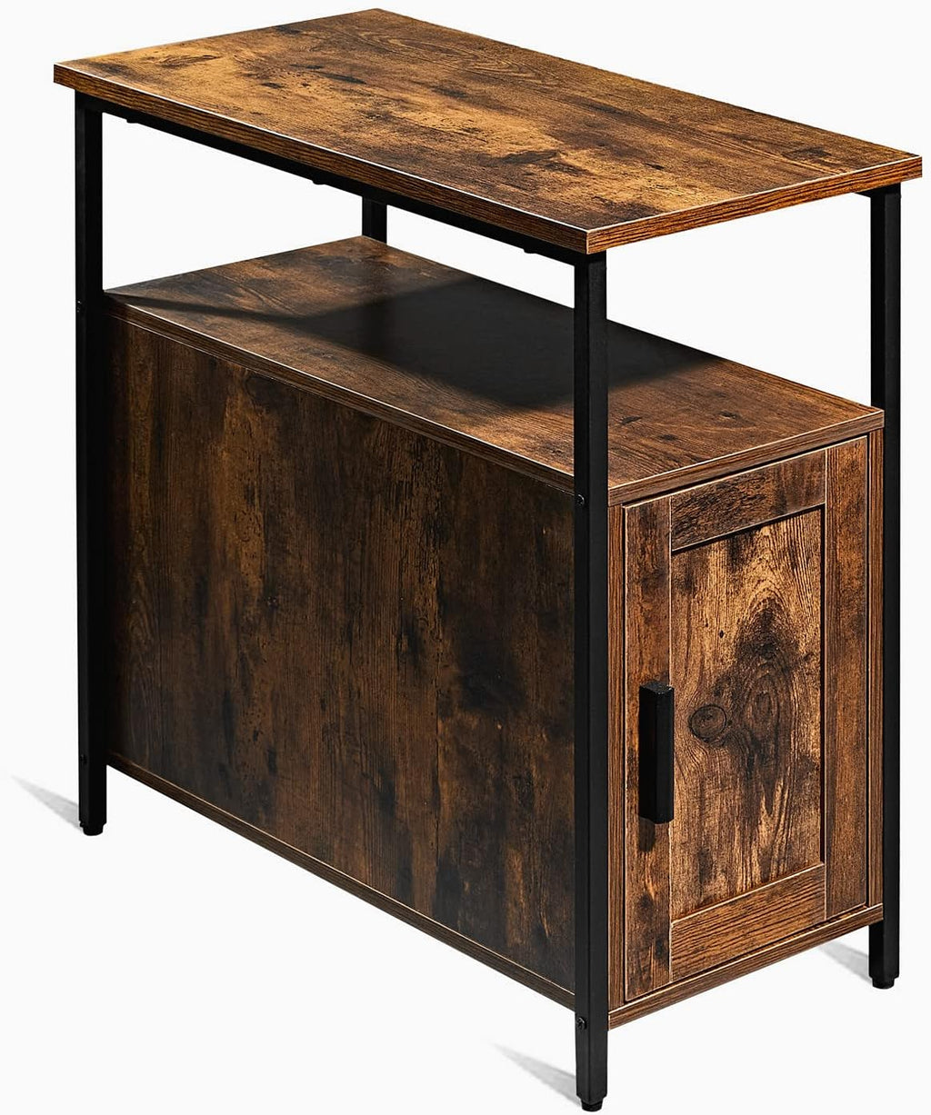 Rustic Brown Wooden End Table with Shelf and Storage Cabinet O153