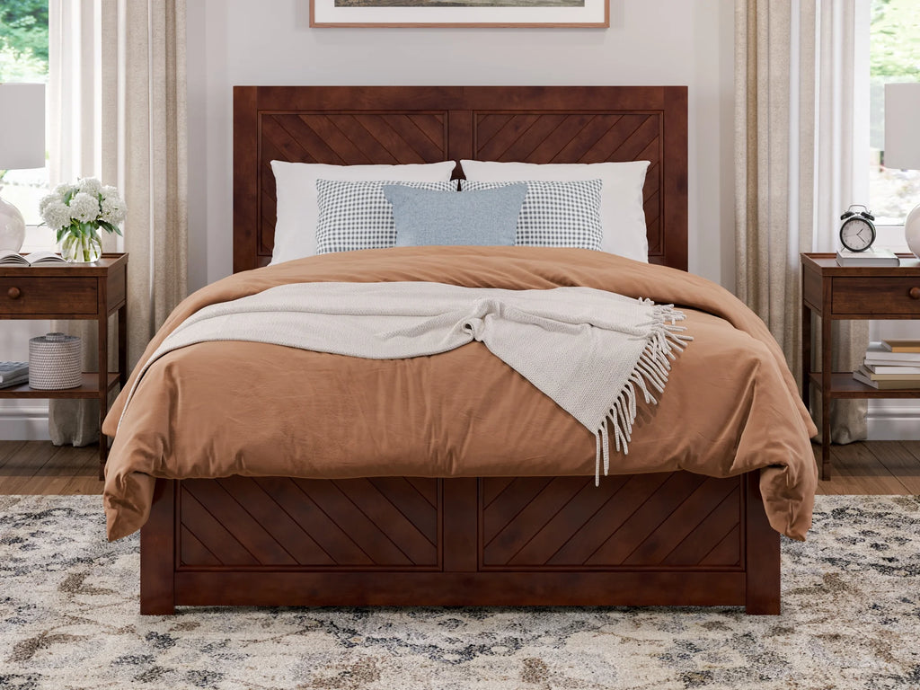 Walnut Solid Wood Platform Bed with Footboard I944755