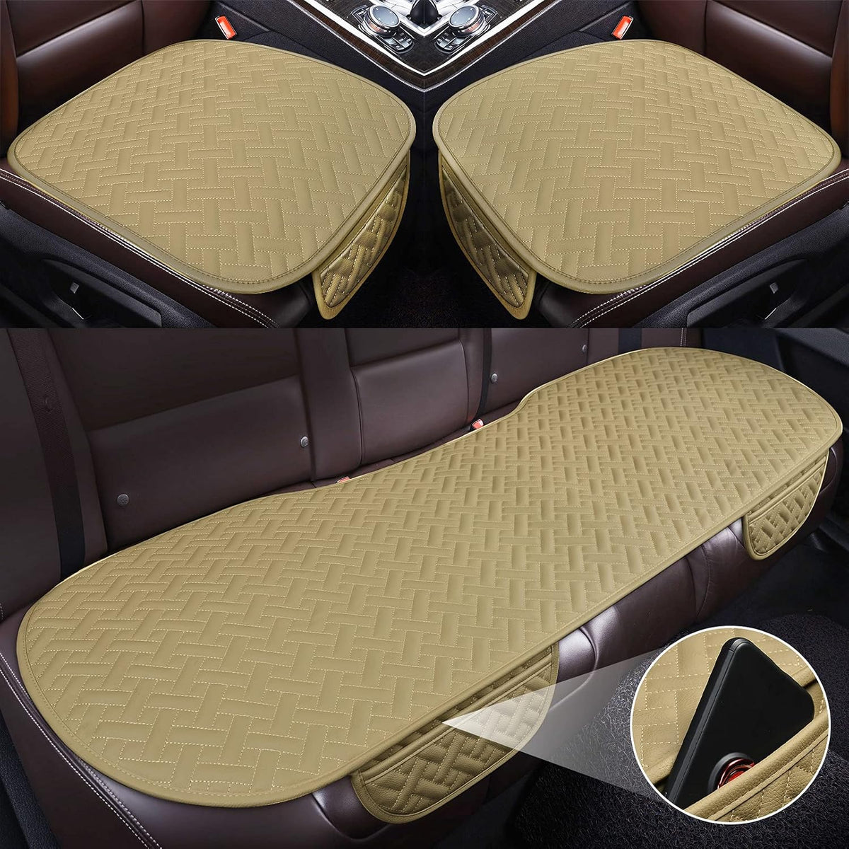 Beige Pack of 2 Leather Car Seat Bottom Covers with Pocket V798