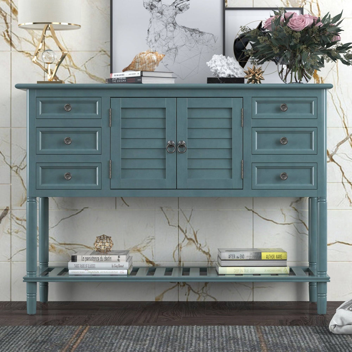 Green Wood Console Table with 6 Drawer and 1 Cabinet and 1 Shelf S390