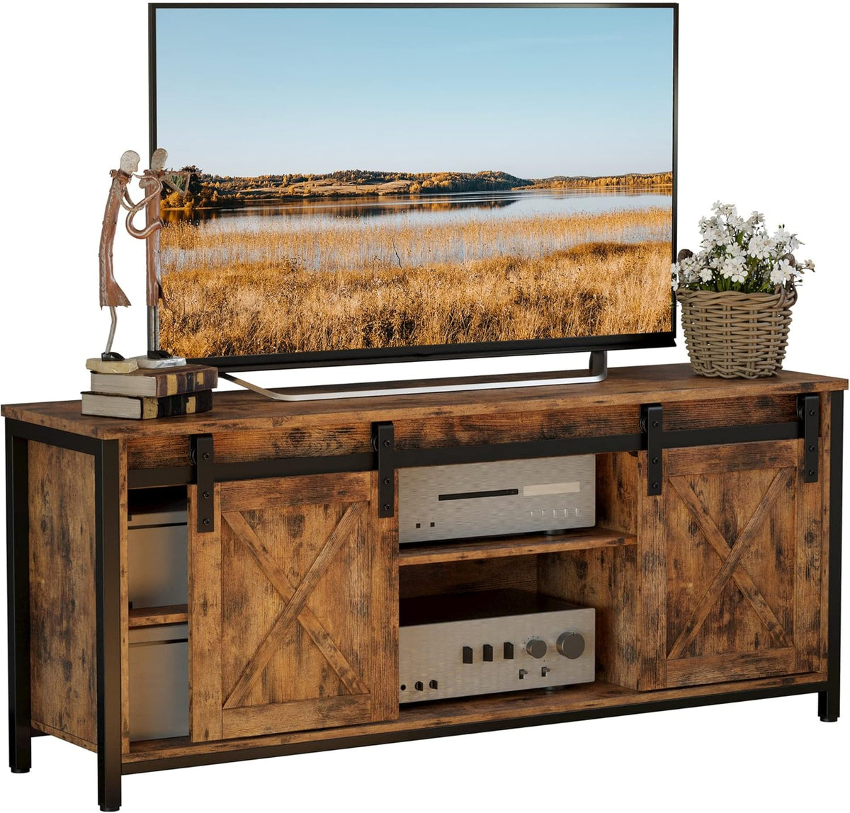 Vintage Brown TV Stand with Sliding Barn Doors and Adjustable Storage Shelves J1049