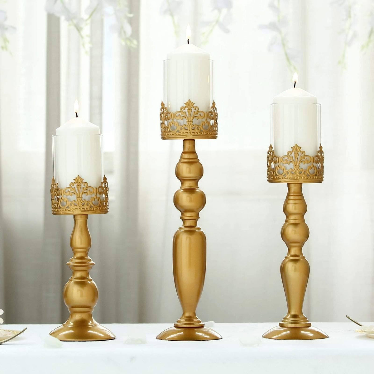 3 Gold Metal Glass Candle Holders T381