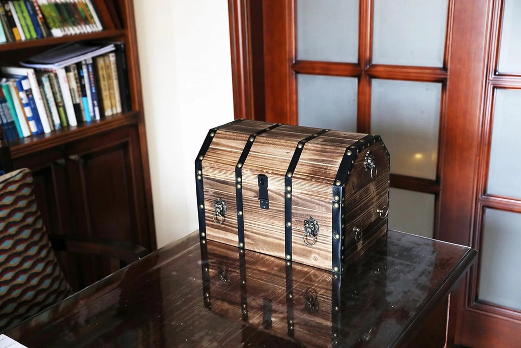 Large Wooden Lockable Trunk with Lion Rings W874543