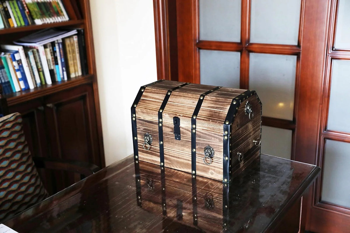 Large Wooden Lockable Trunk with Lion Rings W874543