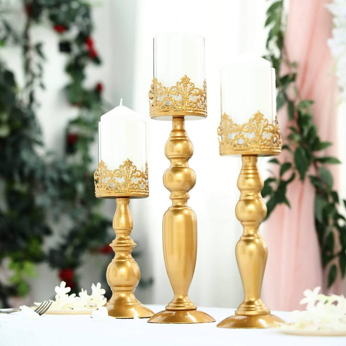 3 Gold Metal Glass Candle Holders T381