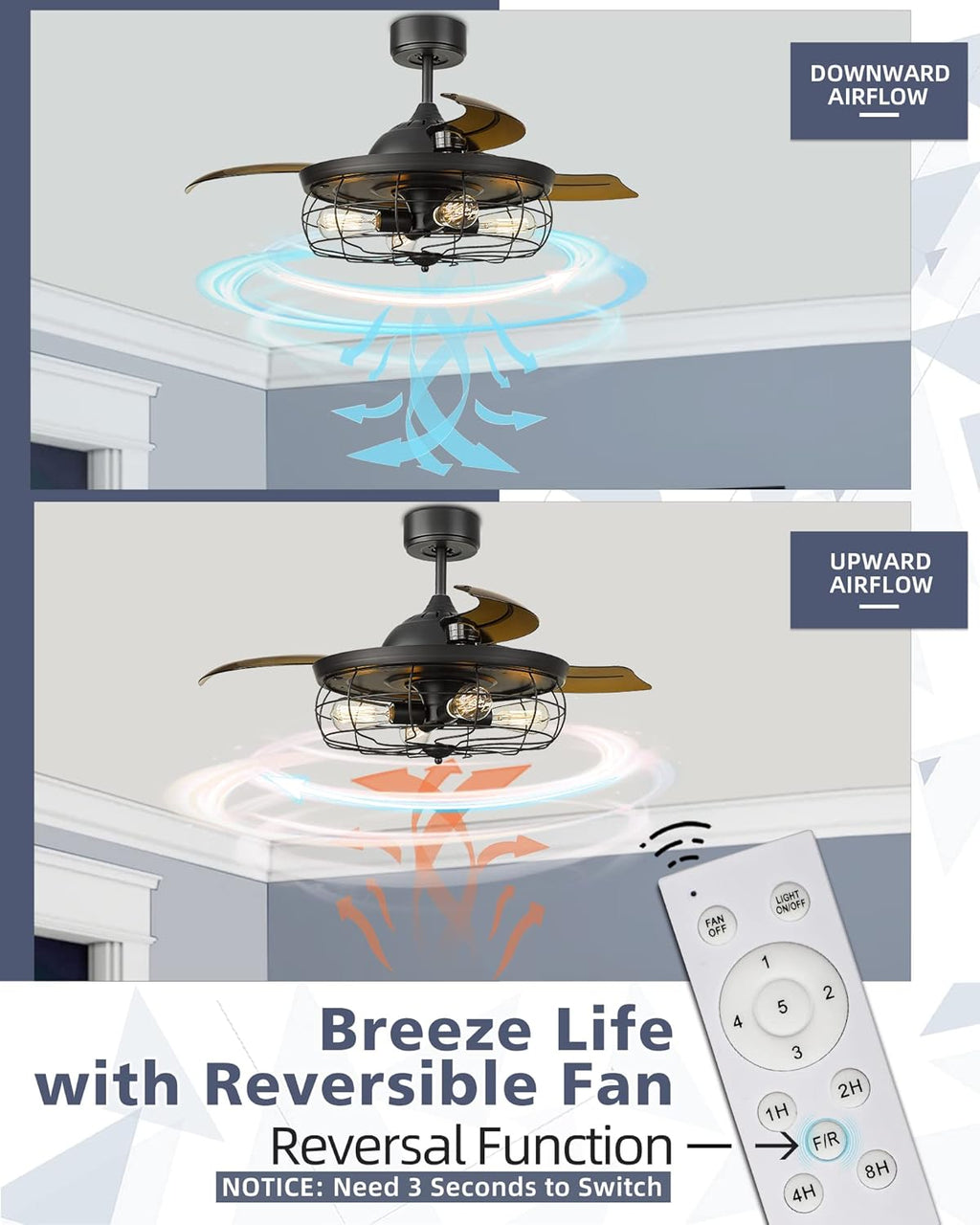 Retractable Ceiling Fan with Light and 3 Reversible Blades W256